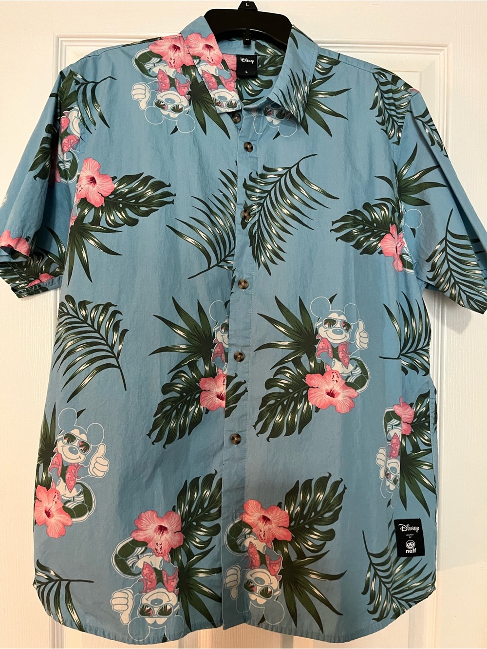 Disney Ladies Blue Tropical Mickey Short-Sleeve Shirt